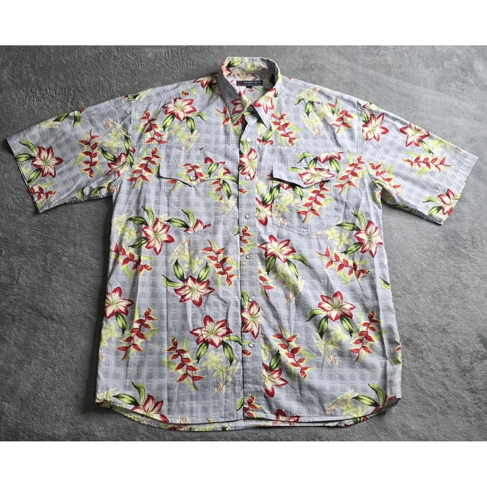 Roper Western Shirt Mens Medium Gray Floral Short Sleeve Hawiian Resort